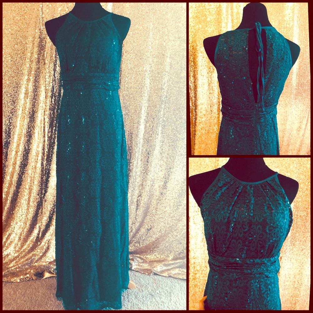 Lace sequins dark teal prom dress